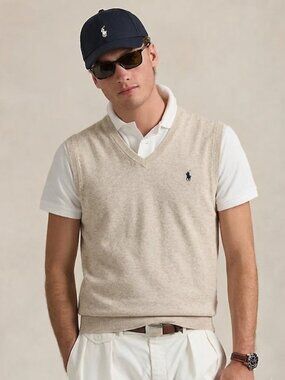 POLO By Ralph Lauren Performance Cotton-Blend Jumper Vest Tan Sweater Size XL